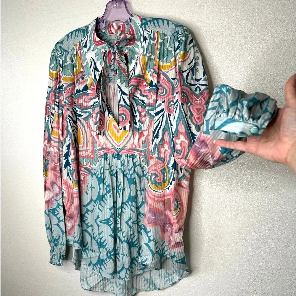 NWT Etro Teal Multicolor Paisley Georgette Long Sleeve Tie Neck Blouse 48 / XL - Picture 2 of 16